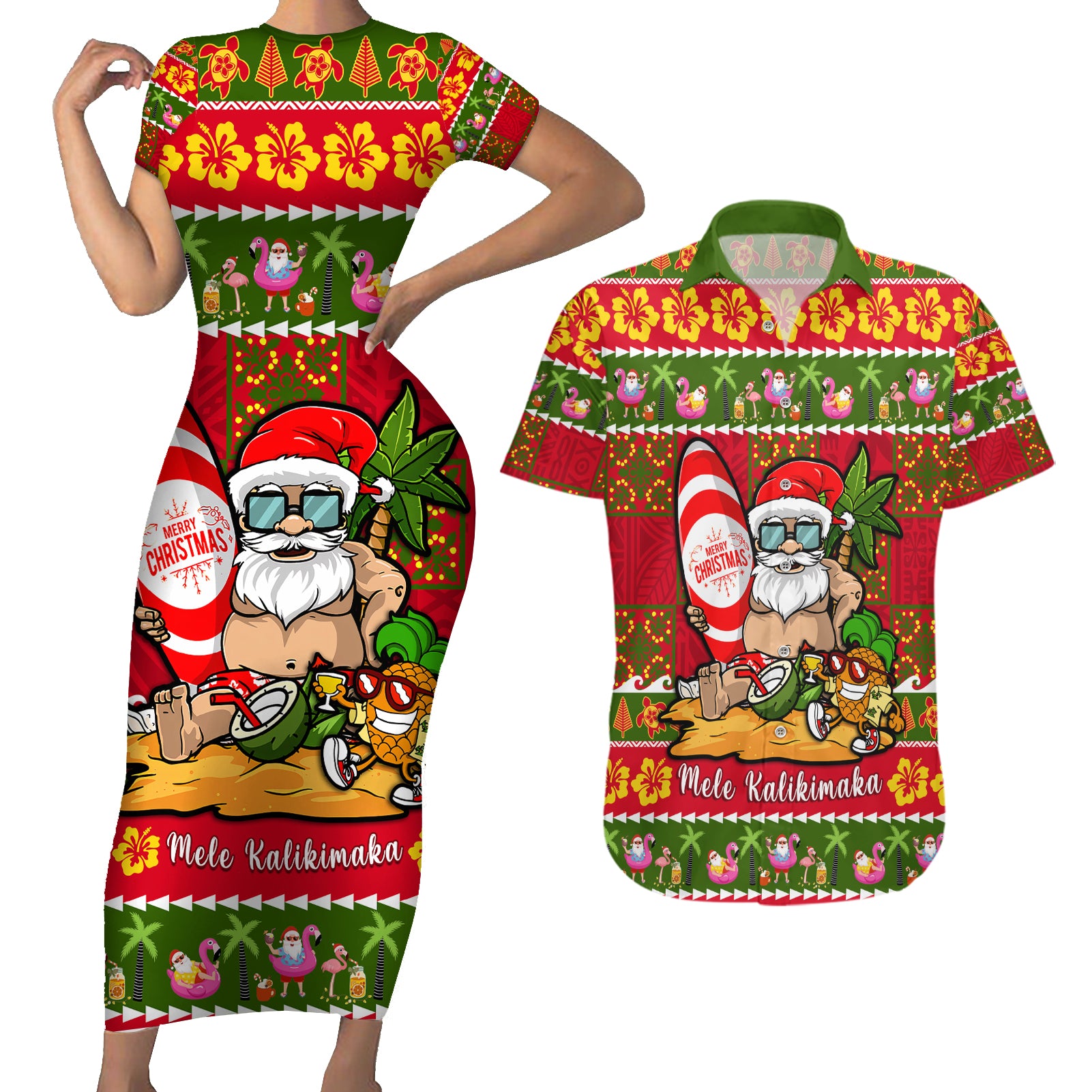 Personalised Hawaii Surfing Santa Christmas Couples Matching Short Sleeve Bodycon Dress and Hawaiian Shirt Tropical Pineapple Mele Kalikimaka Quilt Pattern - Wonder Print Shop