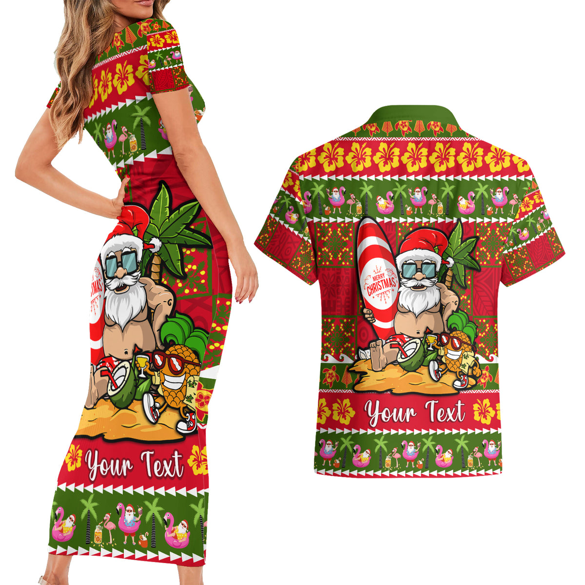 Personalised Hawaii Surfing Santa Christmas Couples Matching Short Sleeve Bodycon Dress and Hawaiian Shirt Tropical Pineapple Mele Kalikimaka Quilt Pattern - Wonder Print Shop