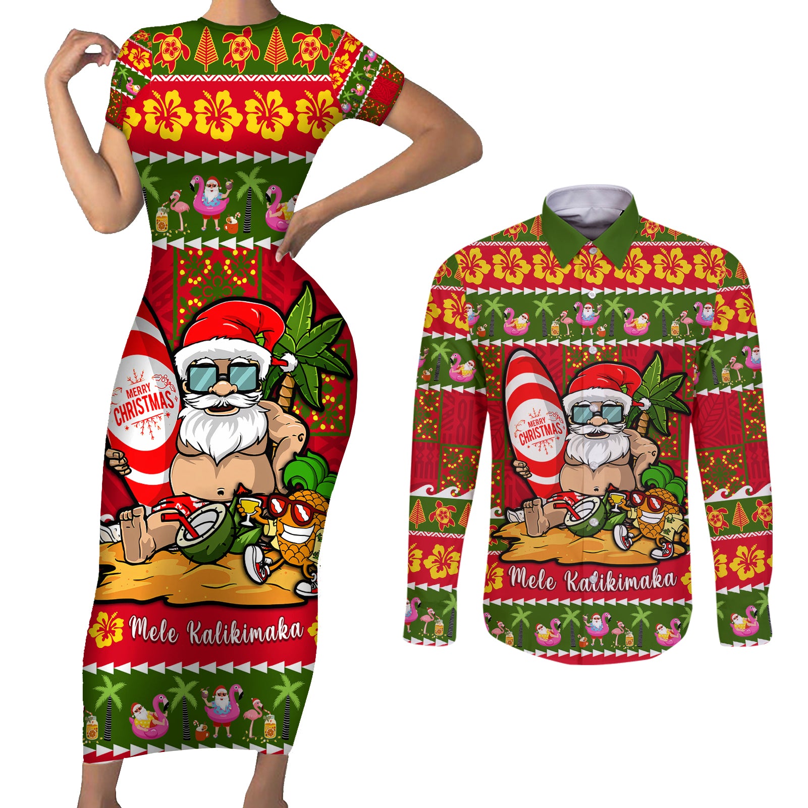 Personalised Hawaii Surfing Santa Christmas Couples Matching Short Sleeve Bodycon Dress and Long Sleeve Button Shirt Tropical Pineapple Mele Kalikimaka Quilt Pattern - Wonder Print Shop