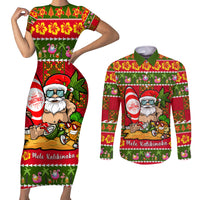 Personalised Hawaii Surfing Santa Christmas Couples Matching Short Sleeve Bodycon Dress and Long Sleeve Button Shirt Tropical Pineapple Mele Kalikimaka Quilt Pattern - Wonder Print Shop