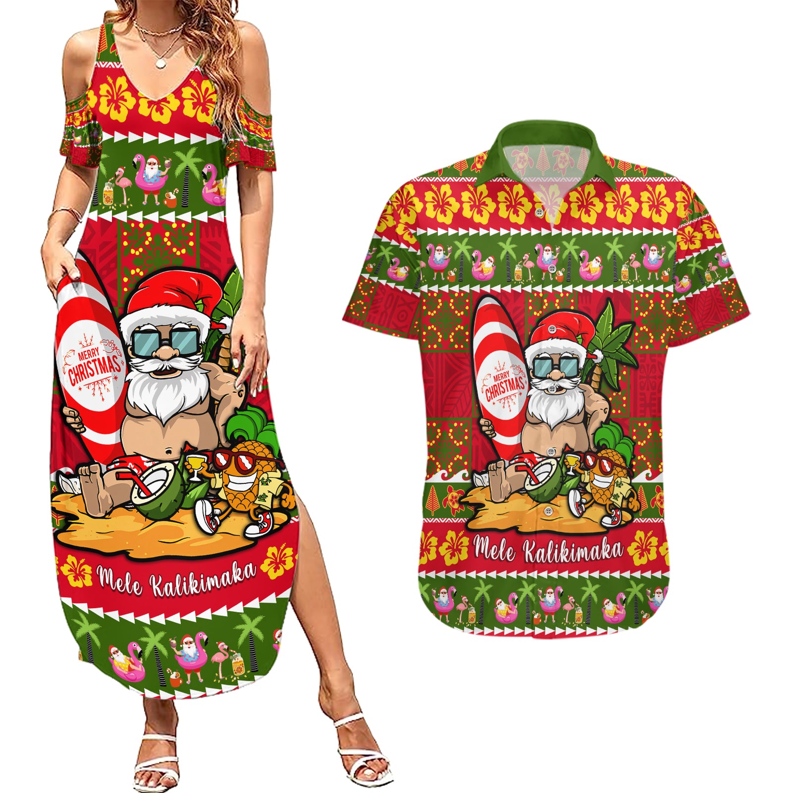 Personalised Hawaii Surfing Santa Christmas Couples Matching Summer Maxi Dress and Hawaiian Shirt Tropical Pineapple Mele Kalikimaka Quilt Pattern - Wonder Print Shop