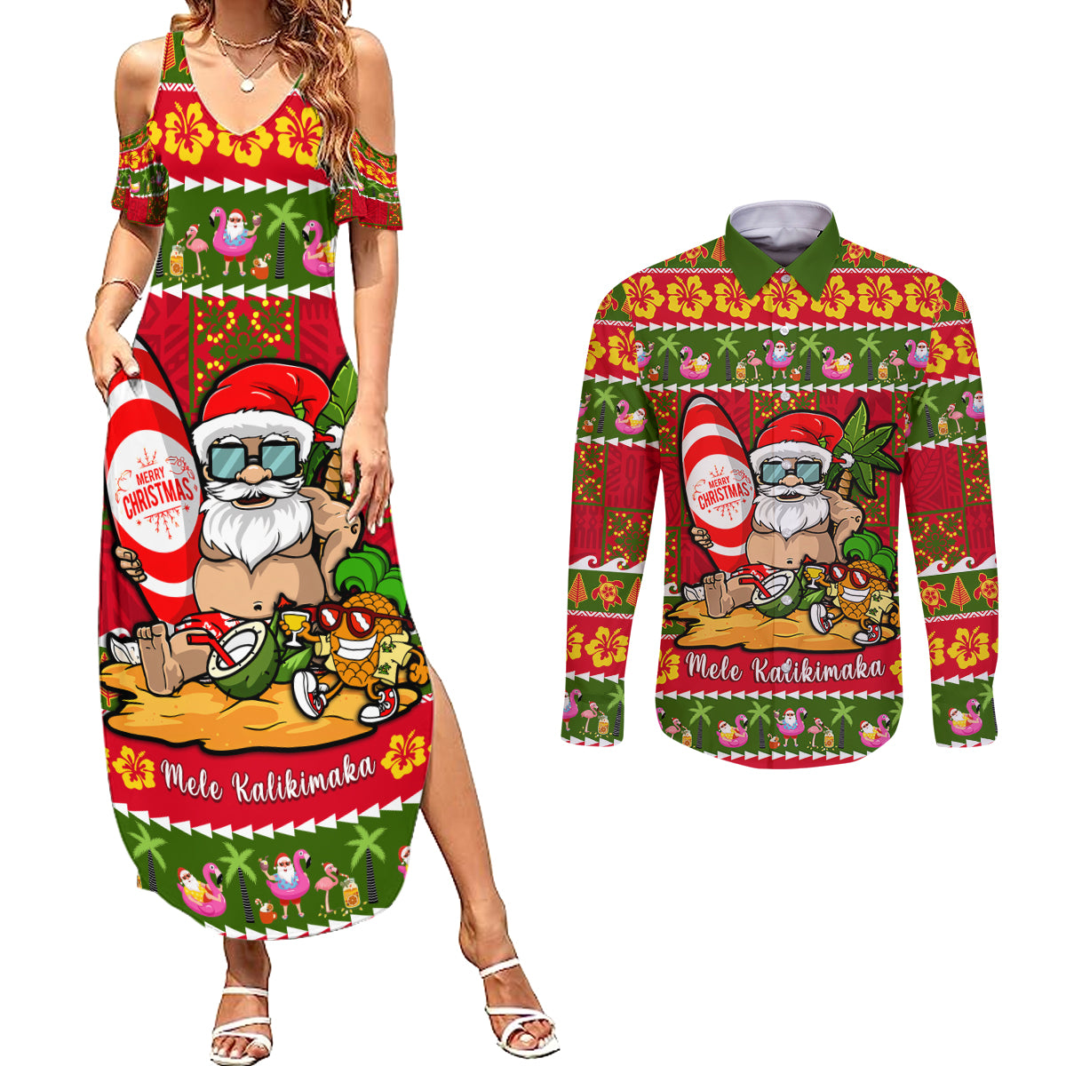 Personalised Hawaii Surfing Santa Christmas Couples Matching Summer Maxi Dress and Long Sleeve Button Shirt Tropical Pineapple Mele Kalikimaka Quilt Pattern - Wonder Print Shop