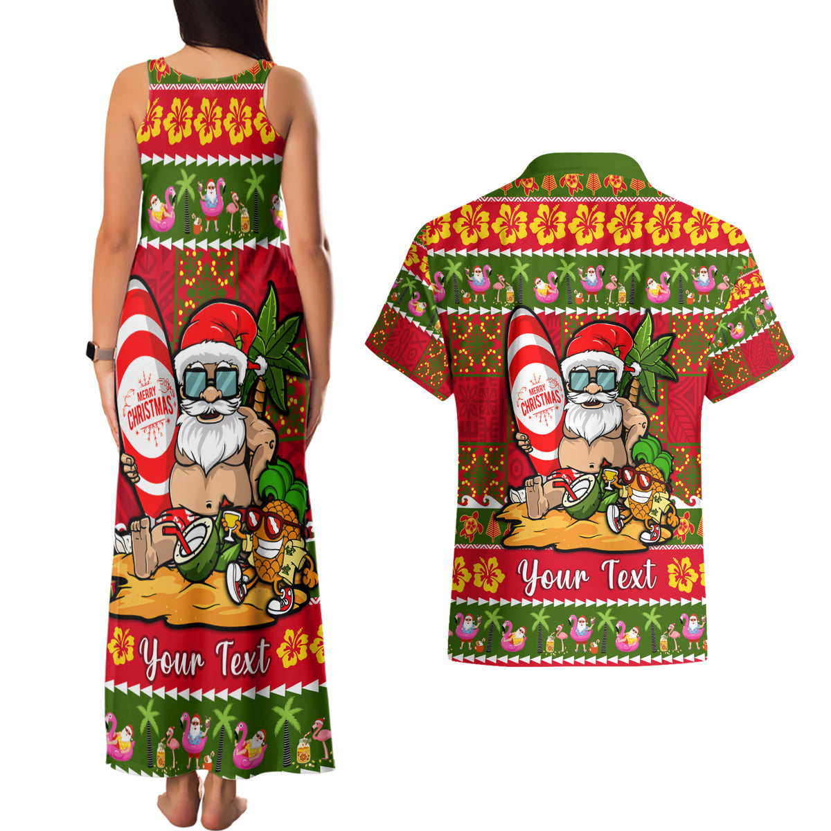 Personalised Hawaii Surfing Santa Christmas Couples Matching Tank Maxi Dress and Hawaiian Shirt Tropical Pineapple Mele Kalikimaka Quilt Pattern - Wonder Print Shop