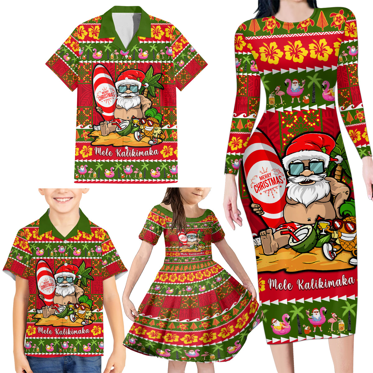 Personalised Hawaii Surfing Santa Christmas Family Matching Long Sleeve Bodycon Dress and Hawaiian Shirt Tropical Pineapple Mele Kalikimaka Quilt Pattern - Wonder Print Shop