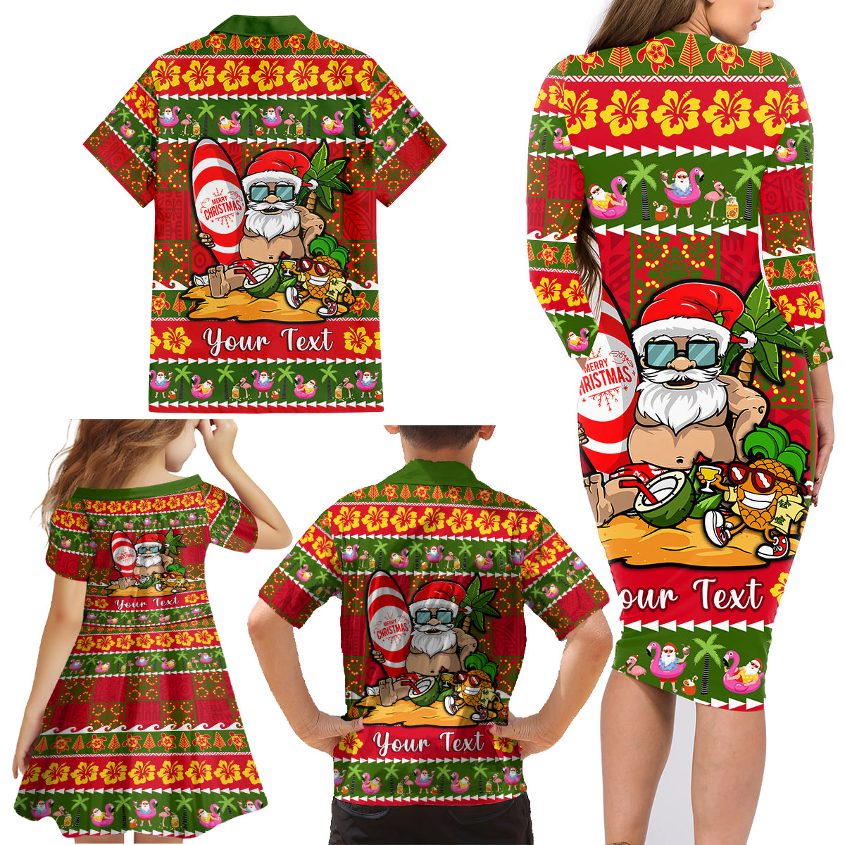 Personalised Hawaii Surfing Santa Christmas Family Matching Long Sleeve Bodycon Dress and Hawaiian Shirt Tropical Pineapple Mele Kalikimaka Quilt Pattern - Wonder Print Shop