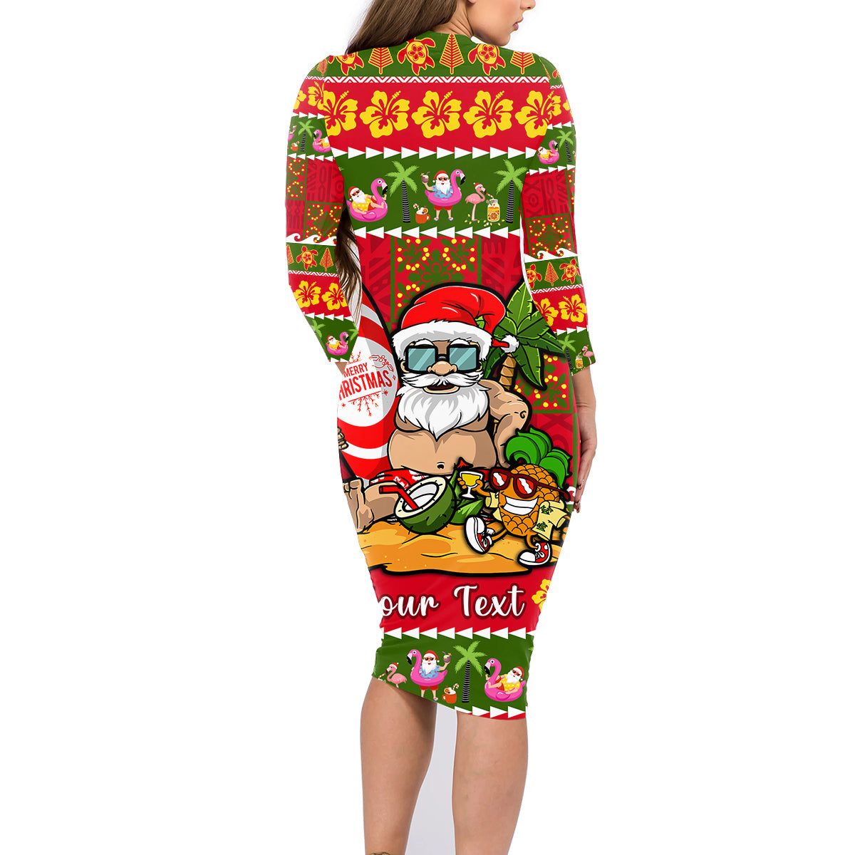 Personalised Hawaii Surfing Santa Christmas Family Matching Long Sleeve Bodycon Dress and Hawaiian Shirt Tropical Pineapple Mele Kalikimaka Quilt Pattern - Wonder Print Shop