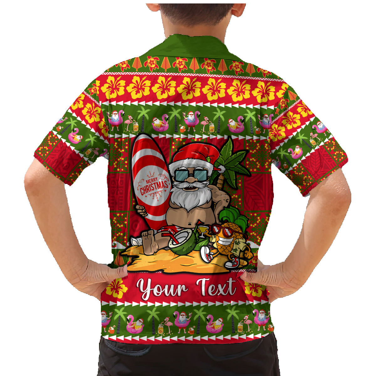Personalised Hawaii Surfing Santa Christmas Family Matching Mermaid Dress and Hawaiian Shirt Tropical Pineapple Mele Kalikimaka Quilt Pattern - Wonder Print Shop