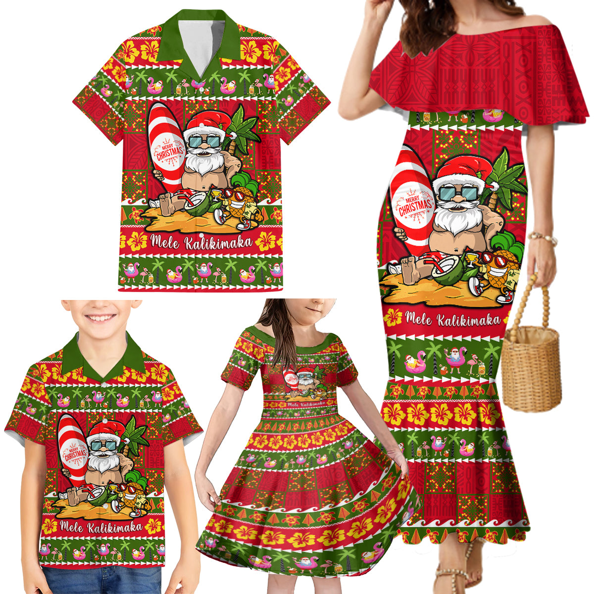Personalised Hawaii Surfing Santa Christmas Family Matching Mermaid Dress and Hawaiian Shirt Tropical Pineapple Mele Kalikimaka Quilt Pattern - Wonder Print Shop