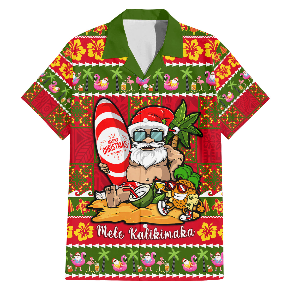 Personalised Hawaii Surfing Santa Christmas Family Matching Mermaid Dress and Hawaiian Shirt Tropical Pineapple Mele Kalikimaka Quilt Pattern - Wonder Print Shop