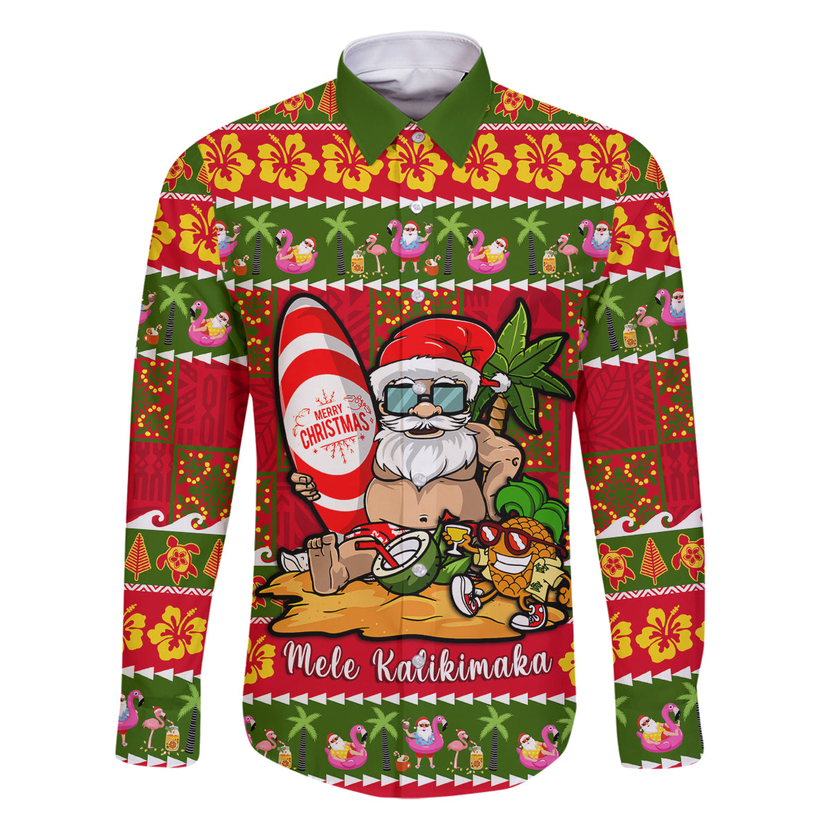 Personalised Hawaii Surfing Santa Christmas Family Matching Mermaid Dress and Hawaiian Shirt Tropical Pineapple Mele Kalikimaka Quilt Pattern - Wonder Print Shop