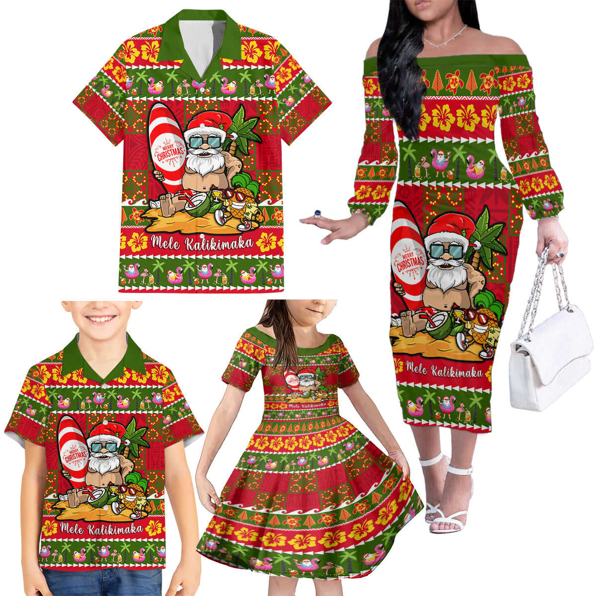 Personalised Hawaii Surfing Santa Christmas Family Matching Off Shoulder Long Sleeve Dress and Hawaiian Shirt Tropical Pineapple Mele Kalikimaka Quilt Pattern - Wonder Print Shop
