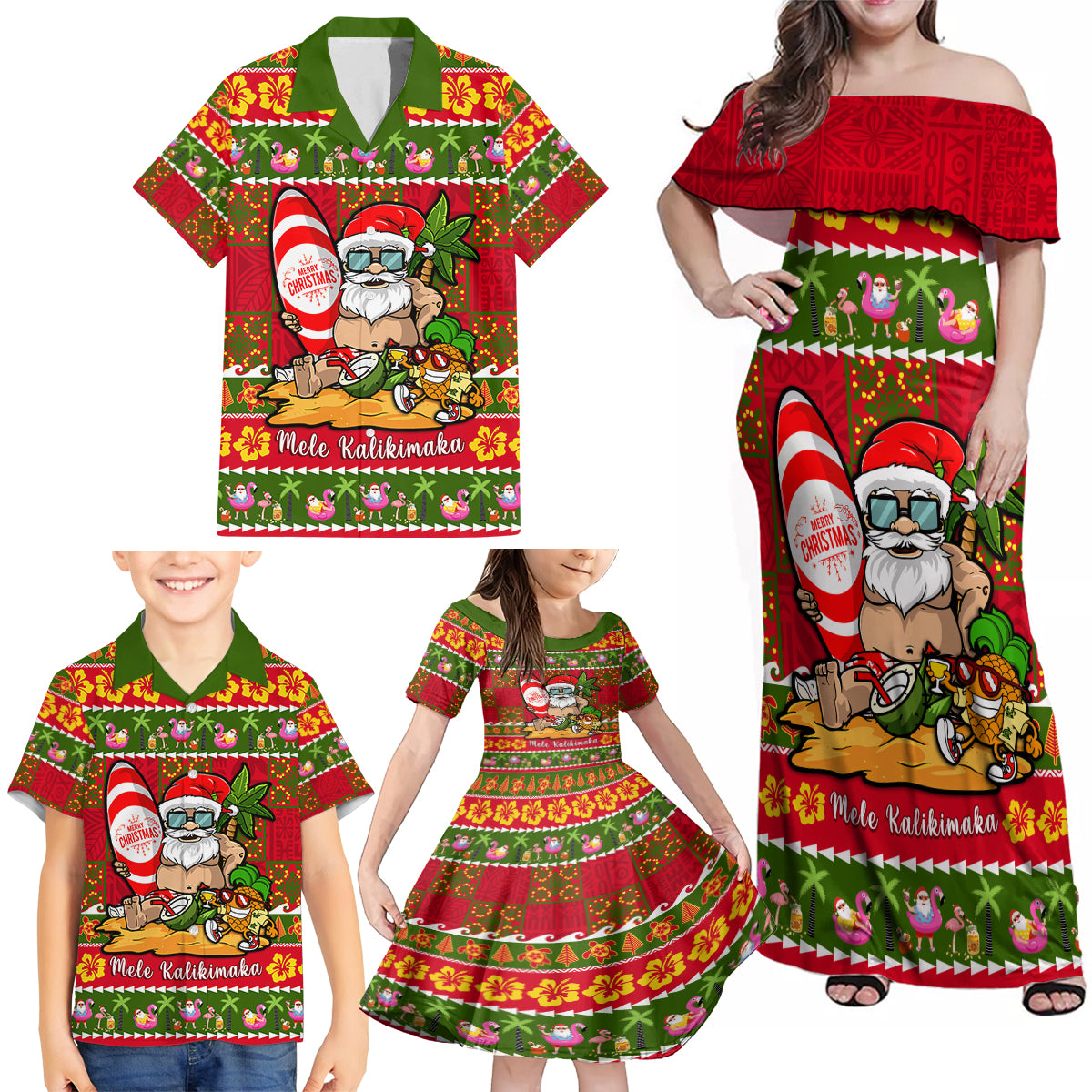 Personalised Hawaii Surfing Santa Christmas Family Matching Off Shoulder Maxi Dress and Hawaiian Shirt Tropical Pineapple Mele Kalikimaka Quilt Pattern - Wonder Print Shop