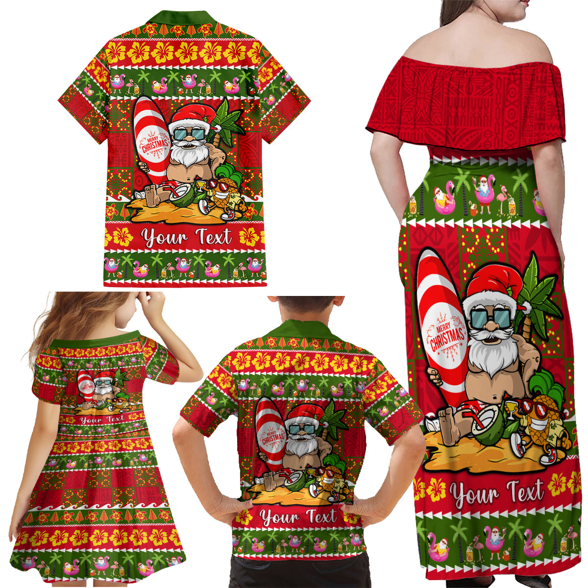 Personalised Hawaii Surfing Santa Christmas Family Matching Off Shoulder Maxi Dress and Hawaiian Shirt Tropical Pineapple Mele Kalikimaka Quilt Pattern - Wonder Print Shop