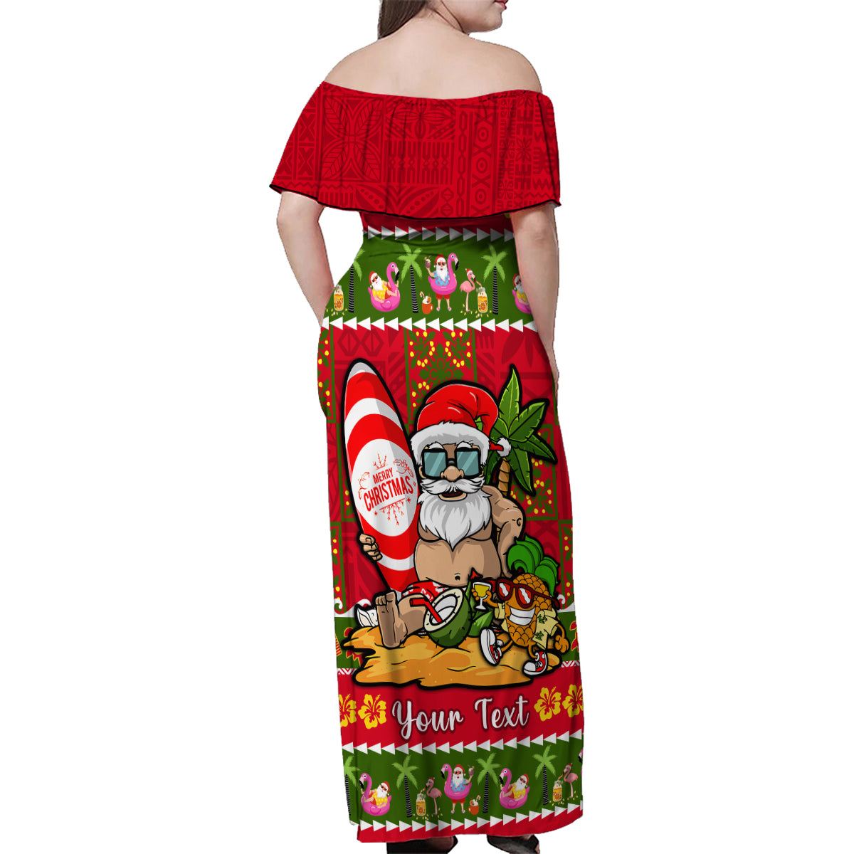 Personalised Hawaii Surfing Santa Christmas Family Matching Off Shoulder Maxi Dress and Hawaiian Shirt Tropical Pineapple Mele Kalikimaka Quilt Pattern - Wonder Print Shop