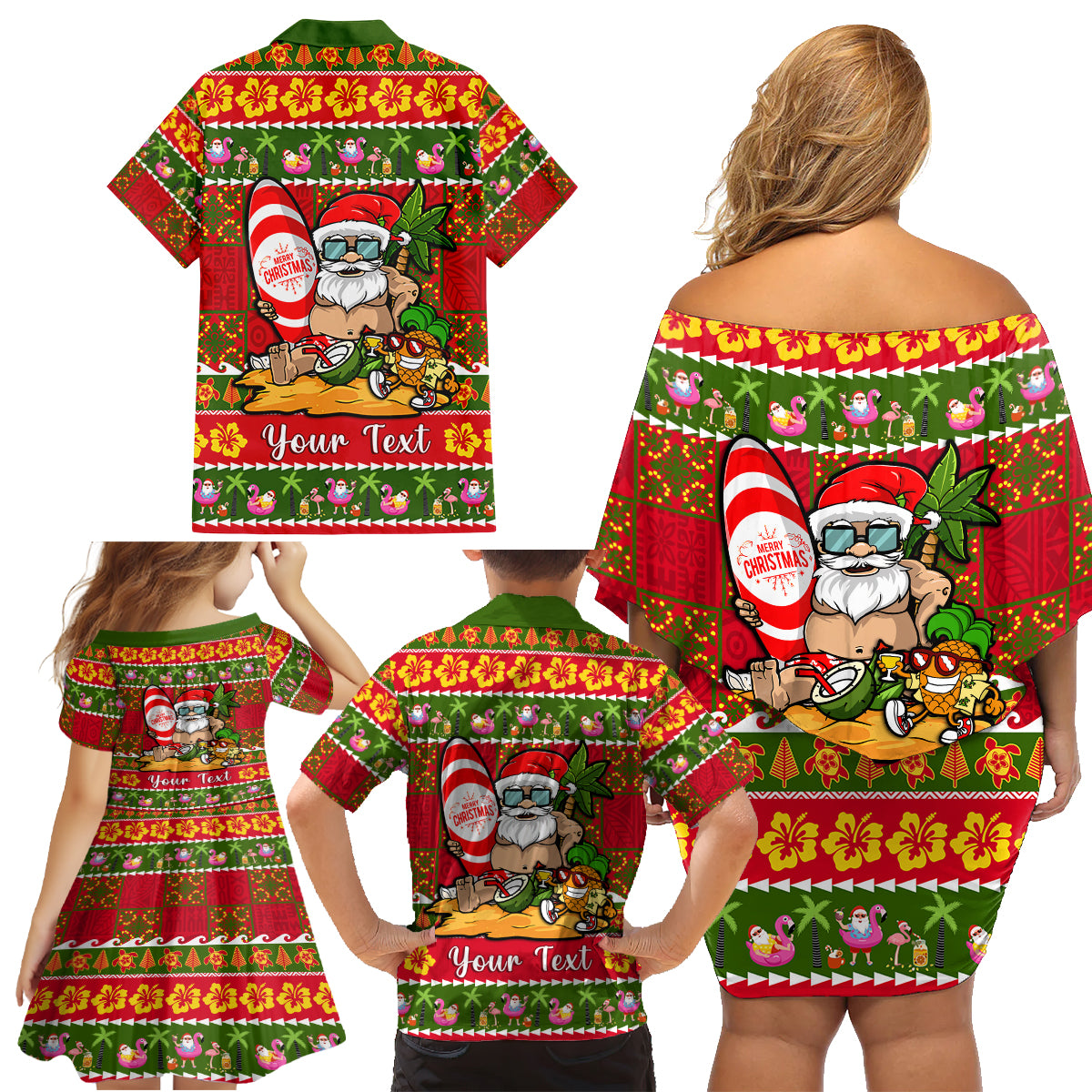 Personalised Hawaii Surfing Santa Christmas Family Matching Off Shoulder Short Dress and Hawaiian Shirt Tropical Pineapple Mele Kalikimaka Quilt Pattern - Wonder Print Shop
