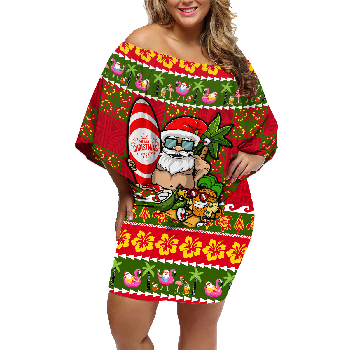 Personalised Hawaii Surfing Santa Christmas Family Matching Off Shoulder Short Dress and Hawaiian Shirt Tropical Pineapple Mele Kalikimaka Quilt Pattern - Wonder Print Shop