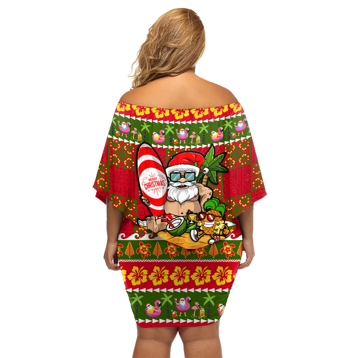 Personalised Hawaii Surfing Santa Christmas Family Matching Off Shoulder Short Dress and Hawaiian Shirt Tropical Pineapple Mele Kalikimaka Quilt Pattern - Wonder Print Shop