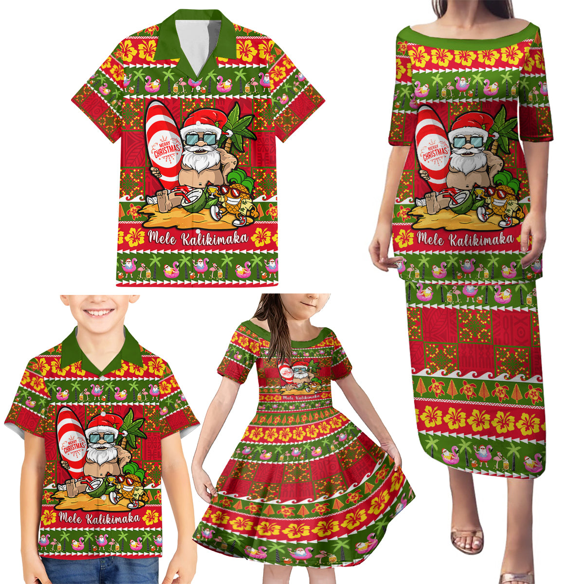 Personalised Hawaii Surfing Santa Christmas Family Matching Puletasi Dress and Hawaiian Shirt Tropical Pineapple Mele Kalikimaka Quilt Pattern - Wonder Print Shop
