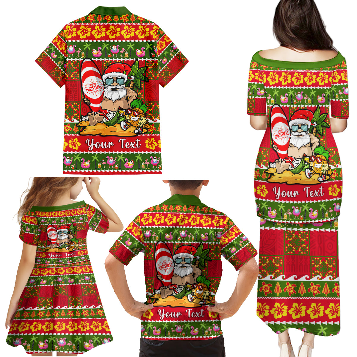 Personalised Hawaii Surfing Santa Christmas Family Matching Puletasi Dress and Hawaiian Shirt Tropical Pineapple Mele Kalikimaka Quilt Pattern - Wonder Print Shop