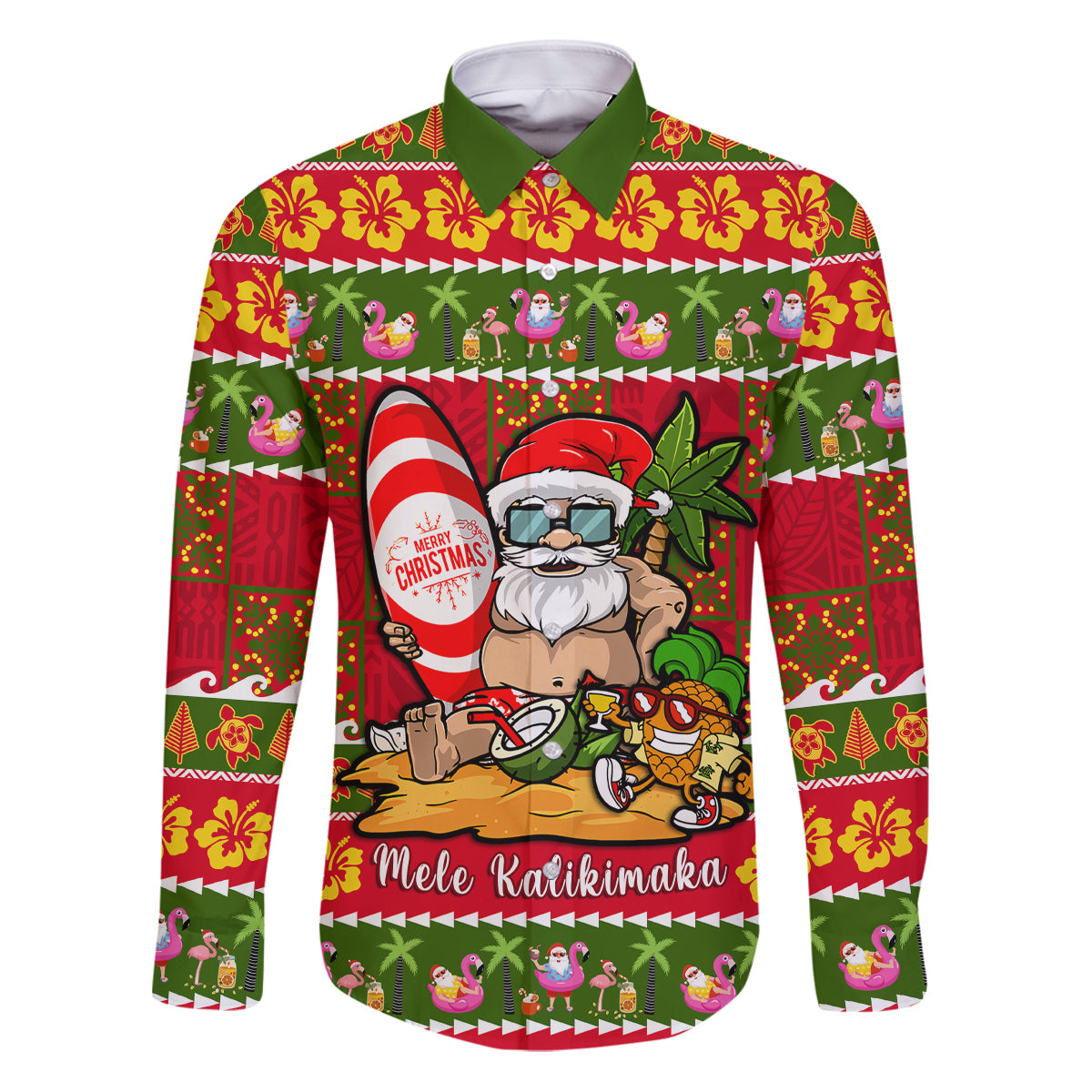 Personalised Hawaii Surfing Santa Christmas Family Matching Puletasi Dress and Hawaiian Shirt Tropical Pineapple Mele Kalikimaka Quilt Pattern - Wonder Print Shop
