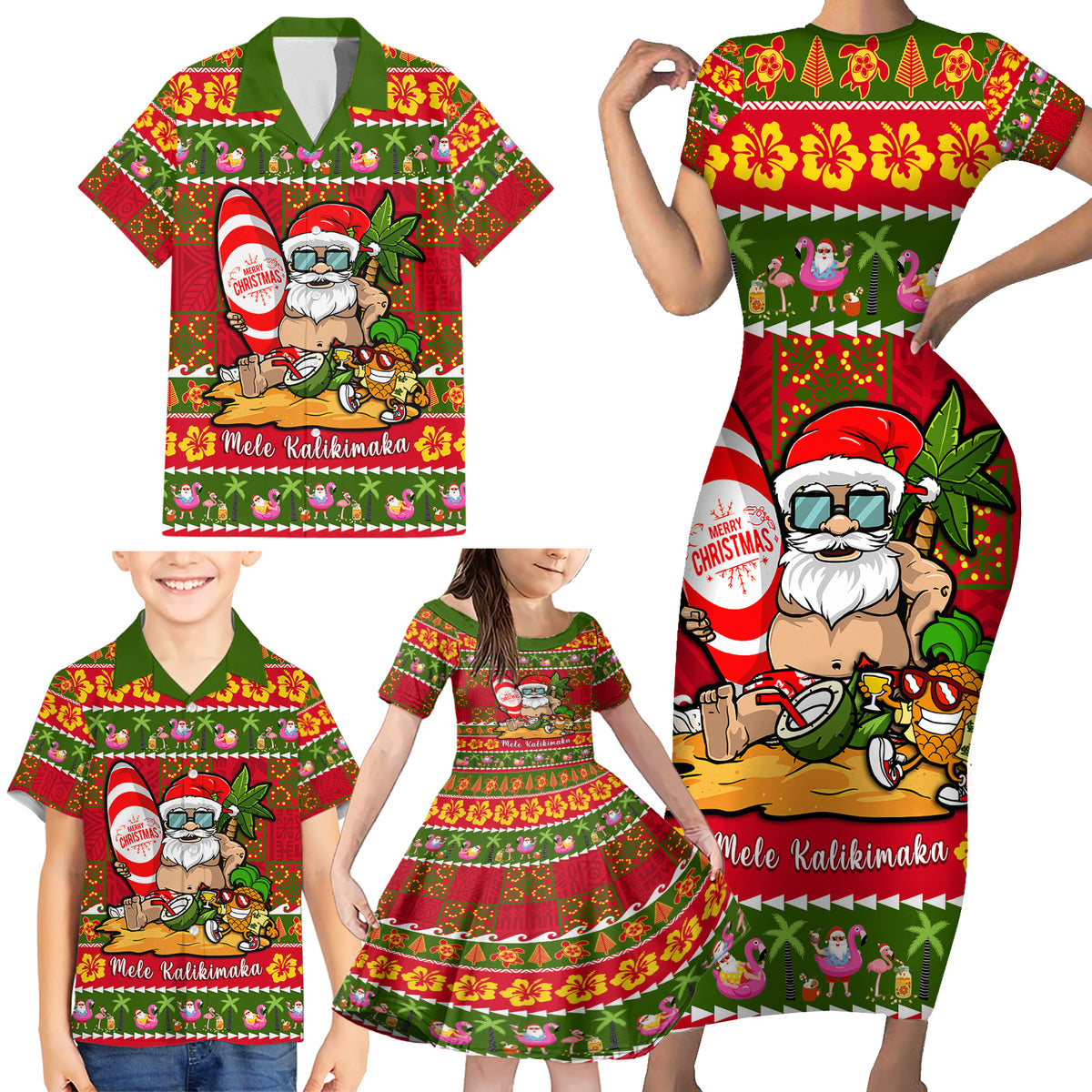 Personalised Hawaii Surfing Santa Christmas Family Matching Short Sleeve Bodycon Dress and Hawaiian Shirt Tropical Pineapple Mele Kalikimaka Quilt Pattern - Wonder Print Shop