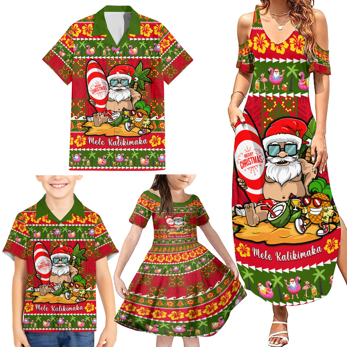 Personalised Hawaii Surfing Santa Christmas Family Matching Summer Maxi Dress and Hawaiian Shirt Tropical Pineapple Mele Kalikimaka Quilt Pattern - Wonder Print Shop