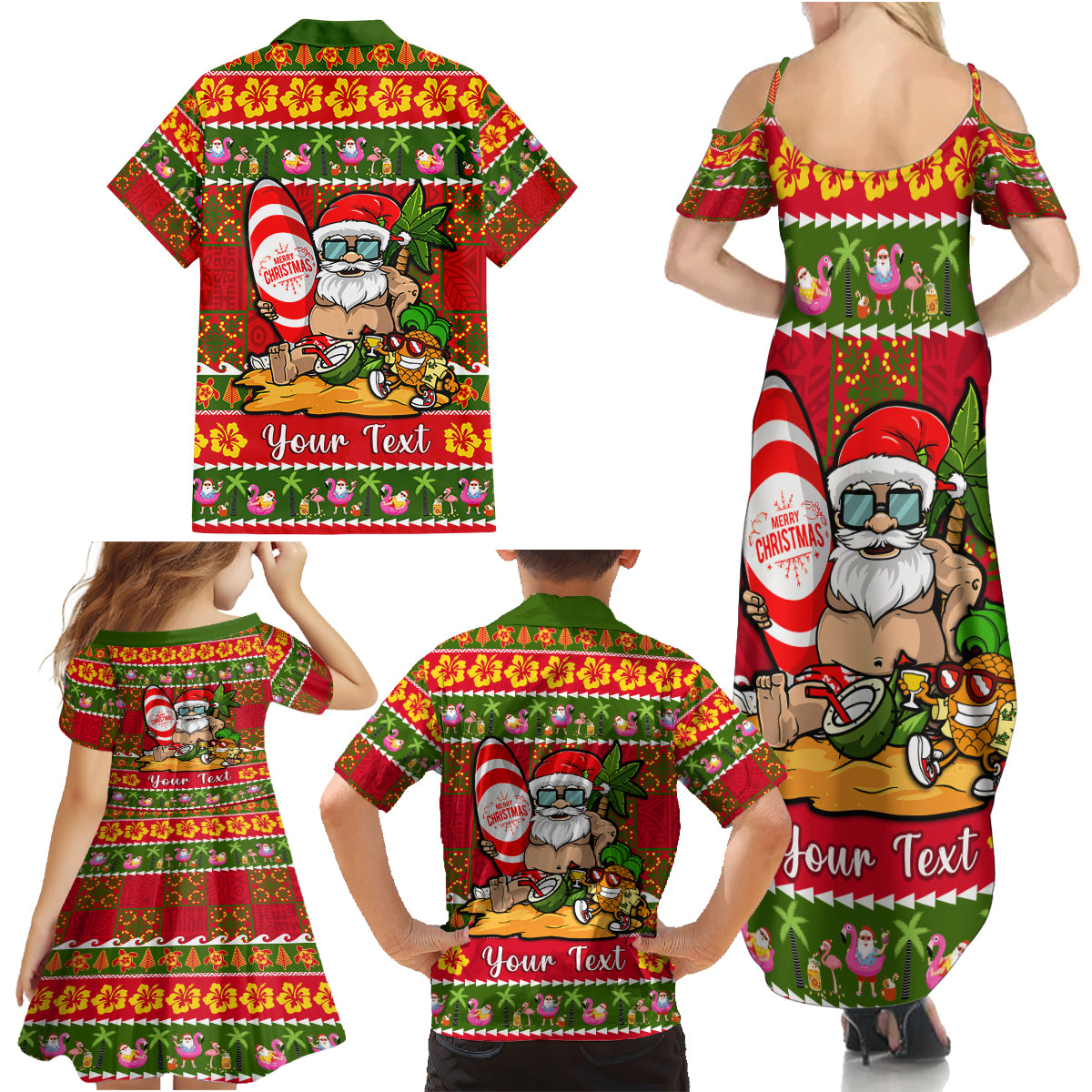 Personalised Hawaii Surfing Santa Christmas Family Matching Summer Maxi Dress and Hawaiian Shirt Tropical Pineapple Mele Kalikimaka Quilt Pattern - Wonder Print Shop