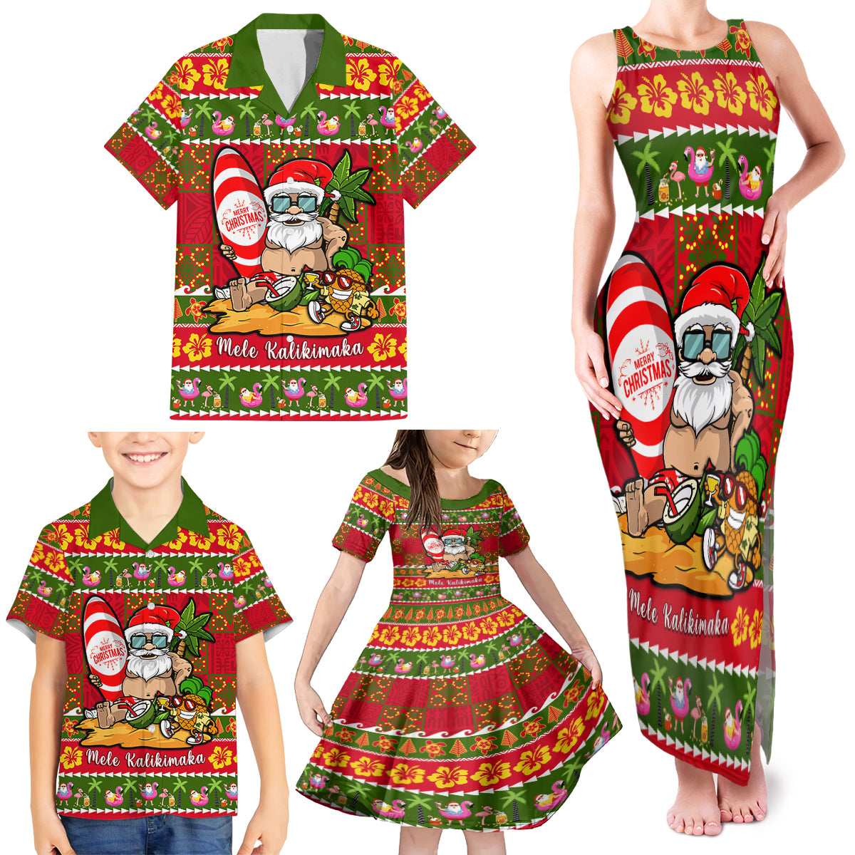 Personalised Hawaii Surfing Santa Christmas Family Matching Tank Maxi Dress and Hawaiian Shirt Tropical Pineapple Mele Kalikimaka Quilt Pattern - Wonder Print Shop