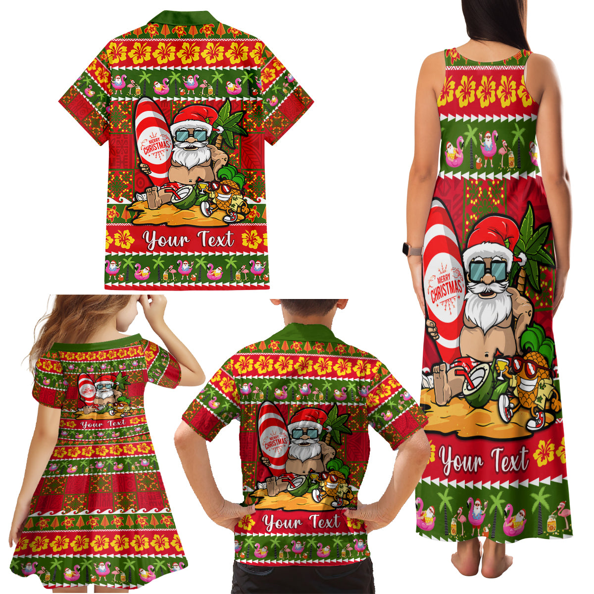 Personalised Hawaii Surfing Santa Christmas Family Matching Tank Maxi Dress and Hawaiian Shirt Tropical Pineapple Mele Kalikimaka Quilt Pattern - Wonder Print Shop