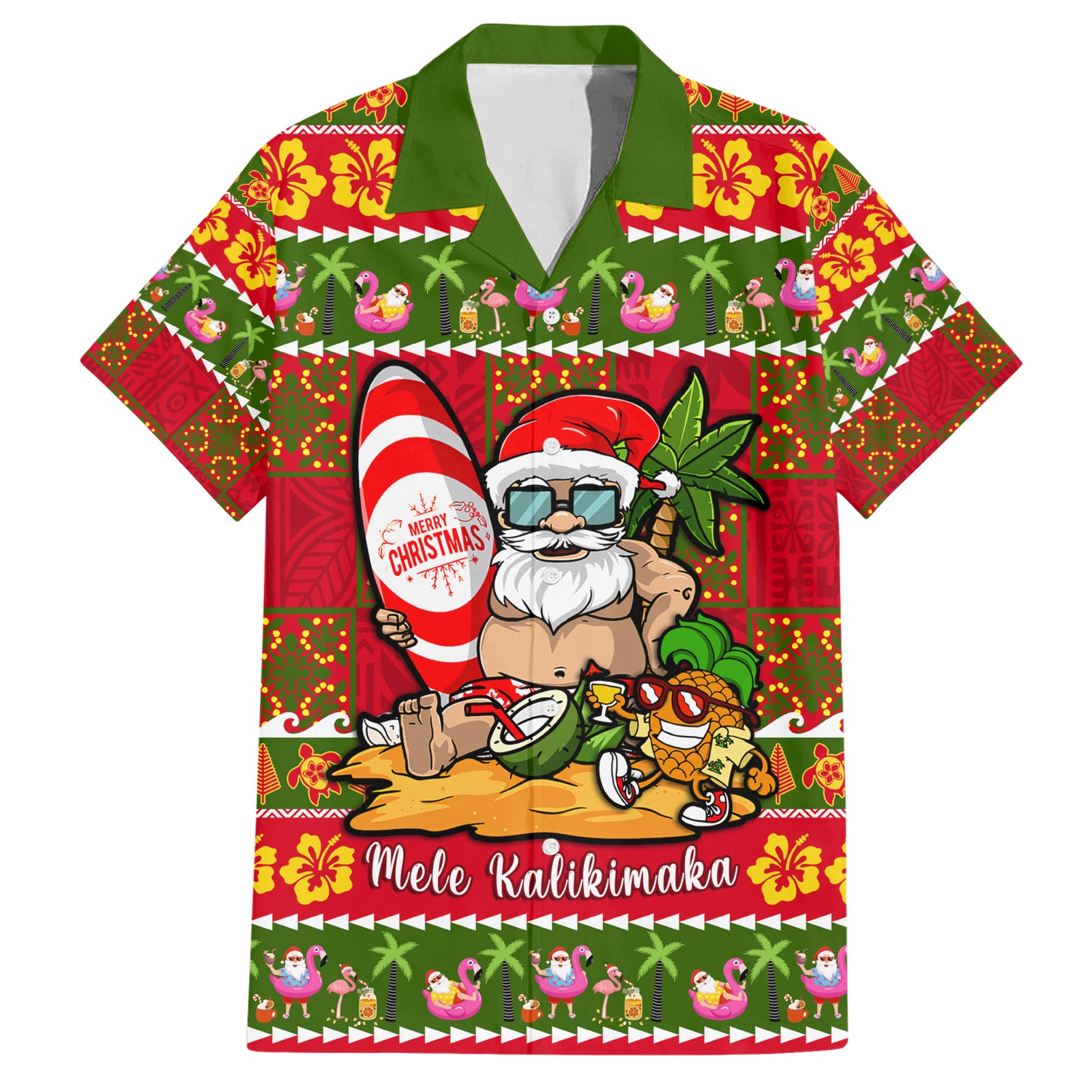 Personalised Hawaii Surfing Santa Christmas Hawaiian Shirt Tropical Pineapple Mele Kalikimaka Quilt Pattern - Wonder Print Shop