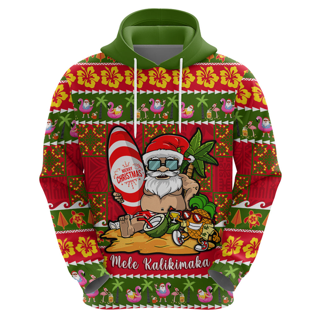 Personalised Hawaii Surfing Santa Christmas Hoodie Tropical Pineapple Mele Kalikimaka Quilt Pattern - Wonder Print Shop