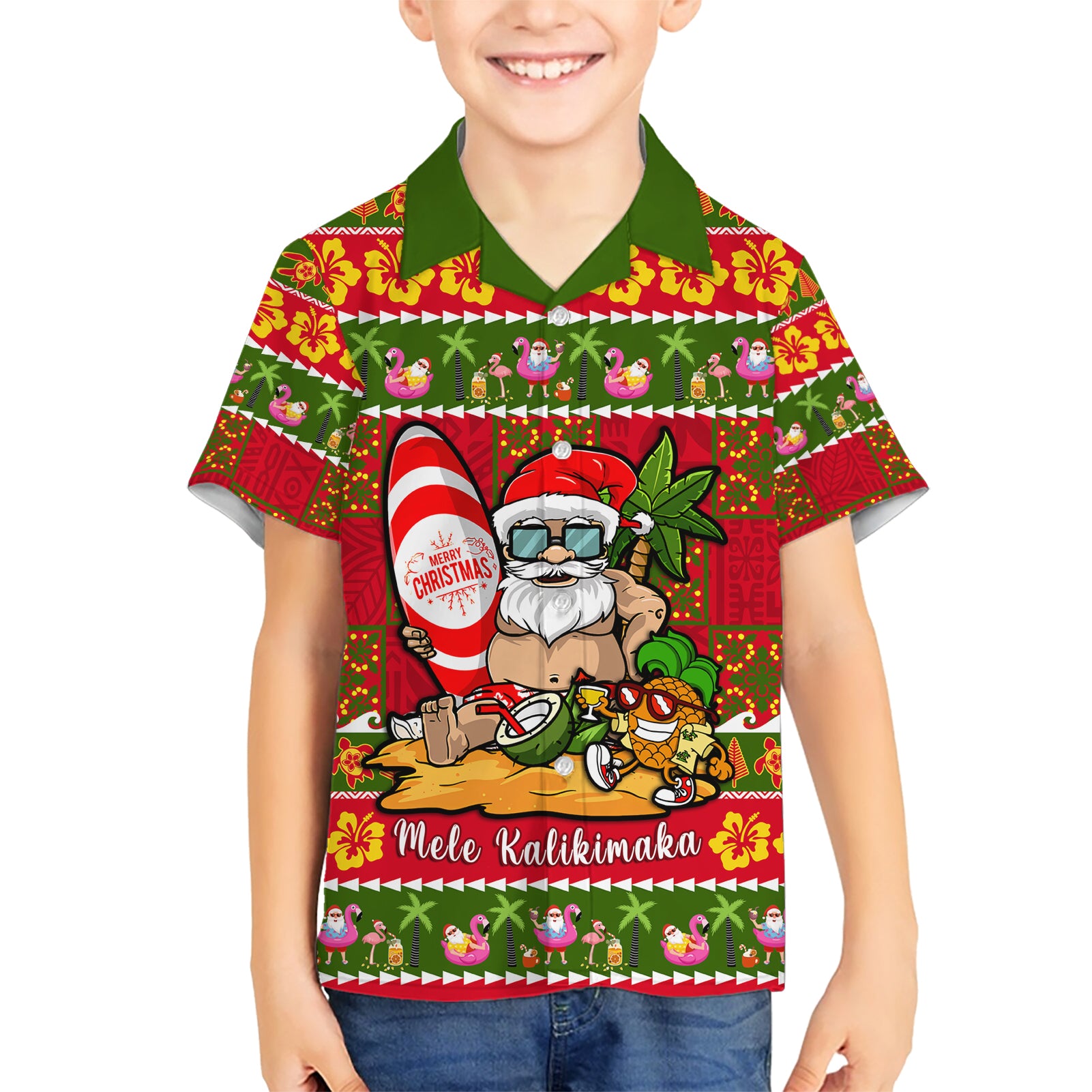 Personalised Hawaii Surfing Santa Christmas Kid Hawaiian Shirt Tropical Pineapple Mele Kalikimaka Quilt Pattern - Wonder Print Shop