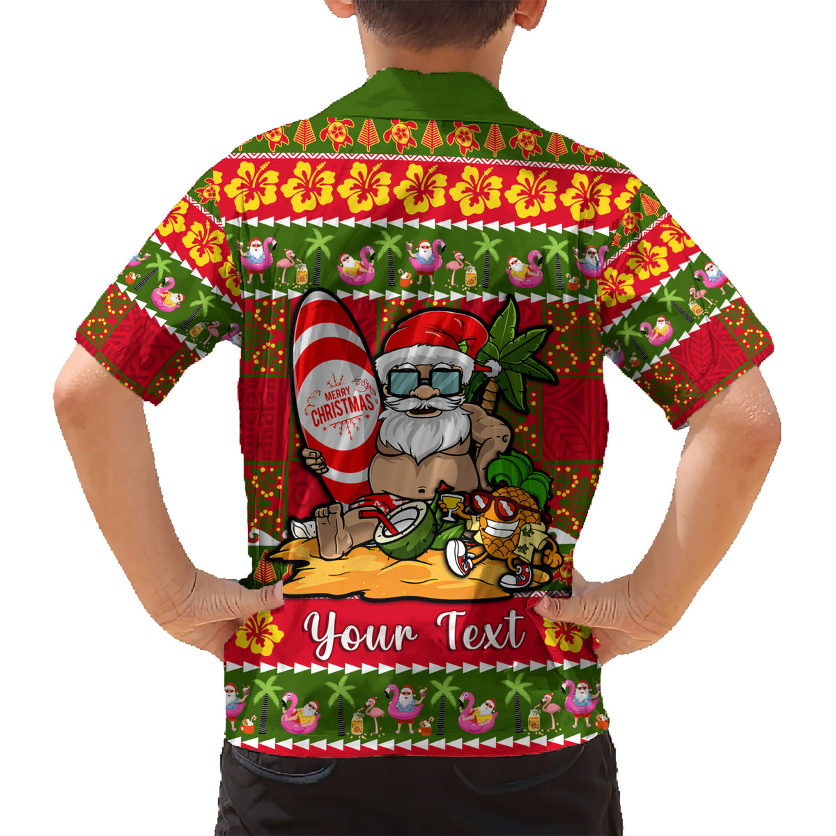 Personalised Hawaii Surfing Santa Christmas Kid Hawaiian Shirt Tropical Pineapple Mele Kalikimaka Quilt Pattern - Wonder Print Shop