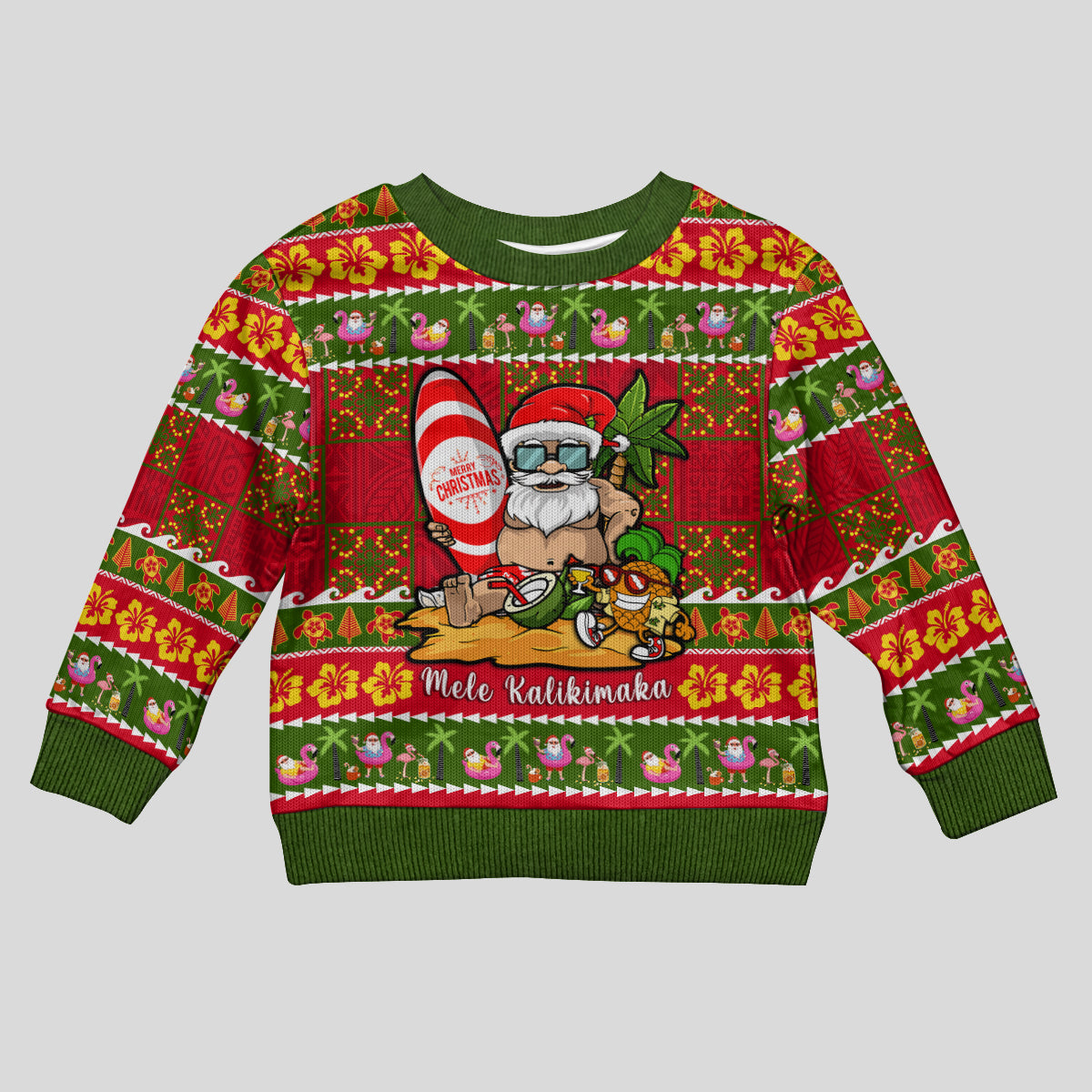 Personalised Hawaii Surfing Santa Christmas Kid Ugly Christmas Sweater Tropical Pineapple Mele Kalikimaka Quilt Pattern - Wonder Print Shop