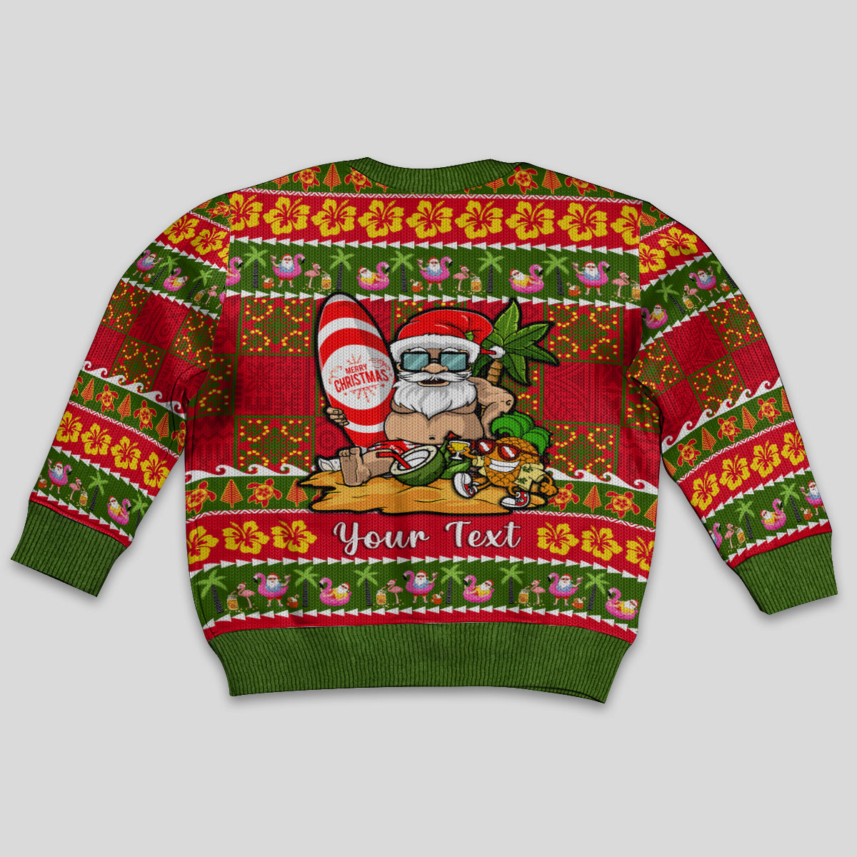 Personalised Hawaii Surfing Santa Christmas Kid Ugly Christmas Sweater Tropical Pineapple Mele Kalikimaka Quilt Pattern - Wonder Print Shop