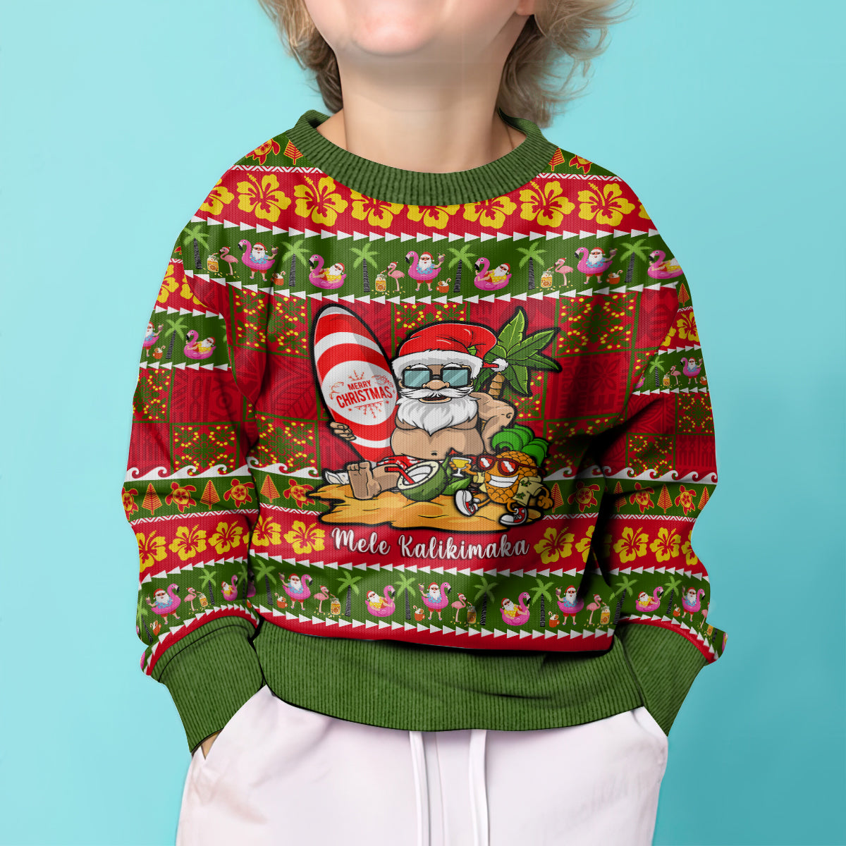 Personalised Hawaii Surfing Santa Christmas Kid Ugly Christmas Sweater Tropical Pineapple Mele Kalikimaka Quilt Pattern - Wonder Print Shop