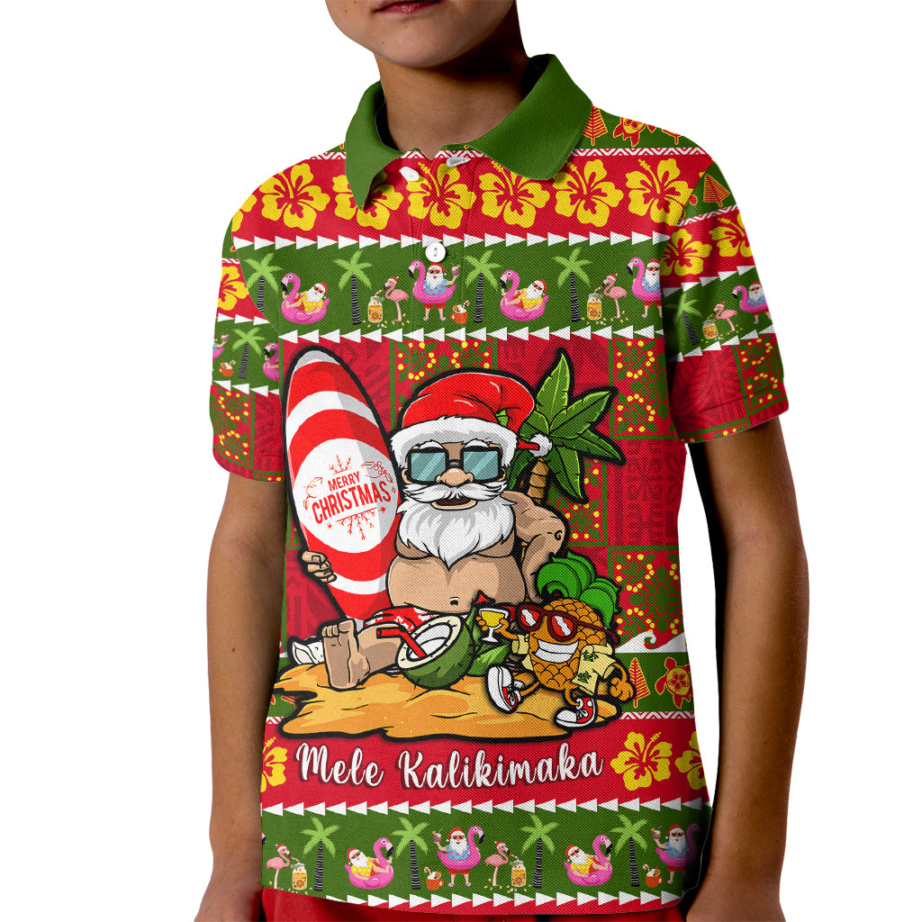 Personalised Hawaii Surfing Santa Christmas Kid Polo Shirt Tropical Pineapple Mele Kalikimaka Quilt Pattern - Wonder Print Shop
