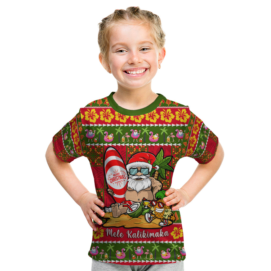 Personalised Hawaii Surfing Santa Christmas Kid T Shirt Tropical Pineapple Mele Kalikimaka Quilt Pattern - Wonder Print Shop