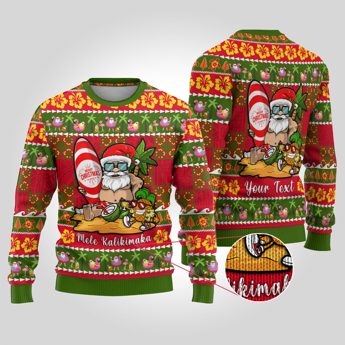 Personalised Hawaii Surfing Santa Christmas Ugly Christmas Sweater Tropical Pineapple Mele Kalikimaka Quilt Pattern - Wonder Print Shop