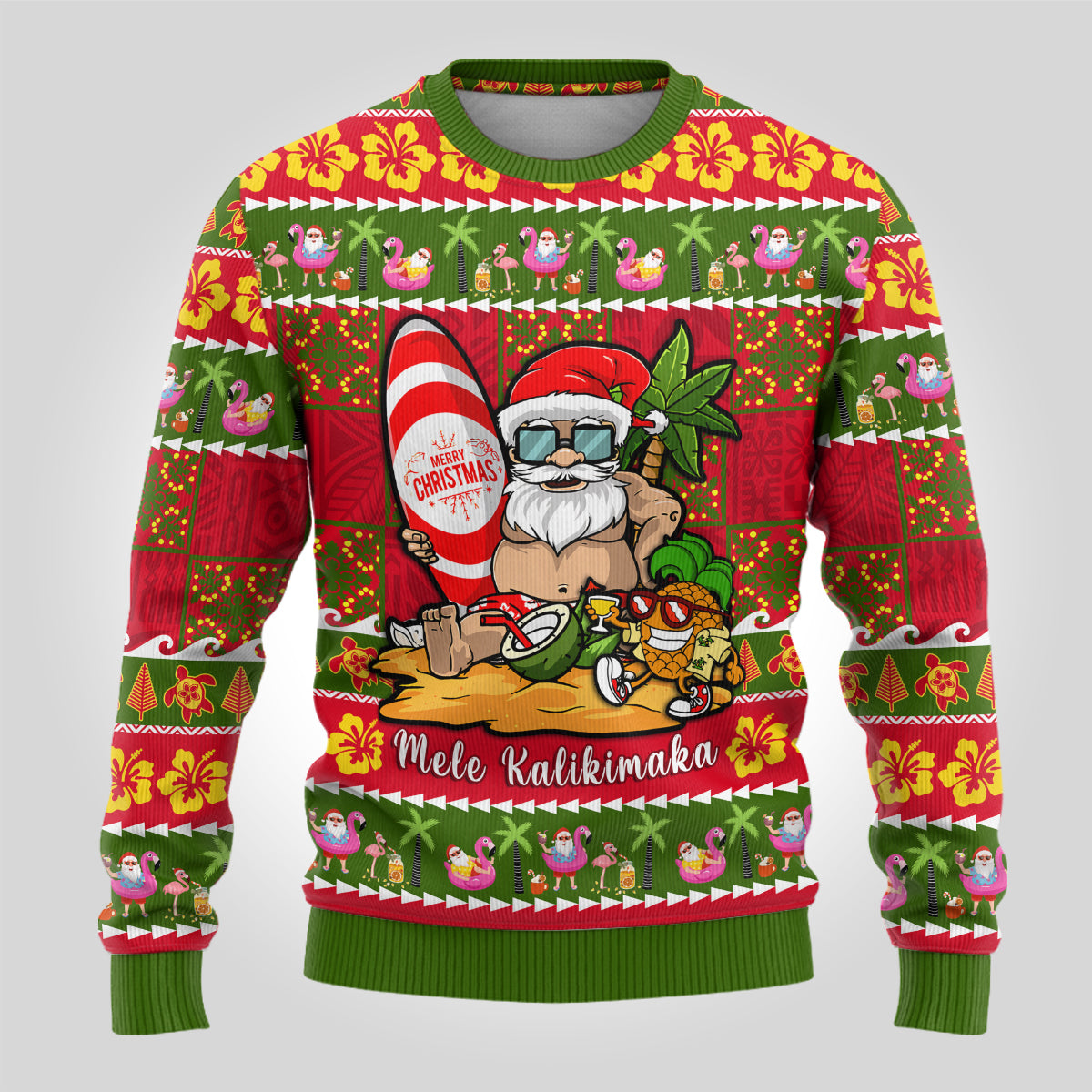 Personalised Hawaii Surfing Santa Christmas Ugly Christmas Sweater Tropical Pineapple Mele Kalikimaka Quilt Pattern - Wonder Print Shop