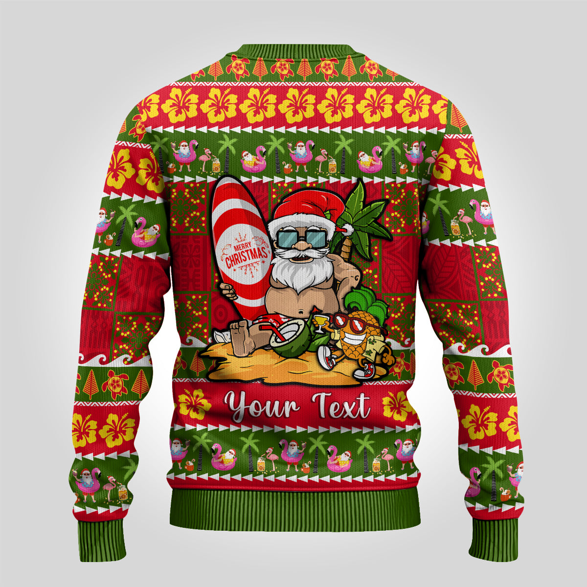 Personalised Hawaii Surfing Santa Christmas Ugly Christmas Sweater Tropical Pineapple Mele Kalikimaka Quilt Pattern - Wonder Print Shop