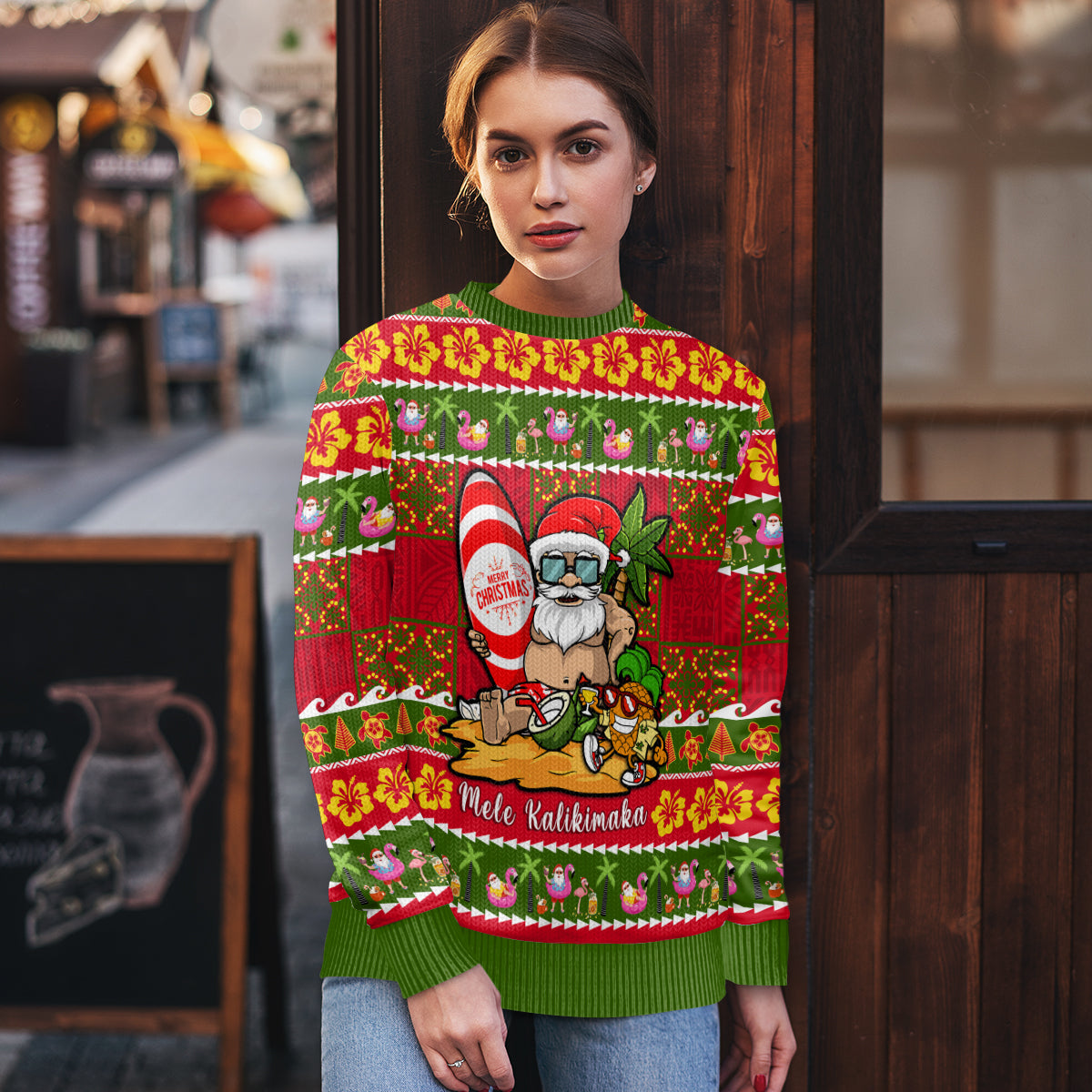 Personalised Hawaii Surfing Santa Christmas Ugly Christmas Sweater Tropical Pineapple Mele Kalikimaka Quilt Pattern - Wonder Print Shop