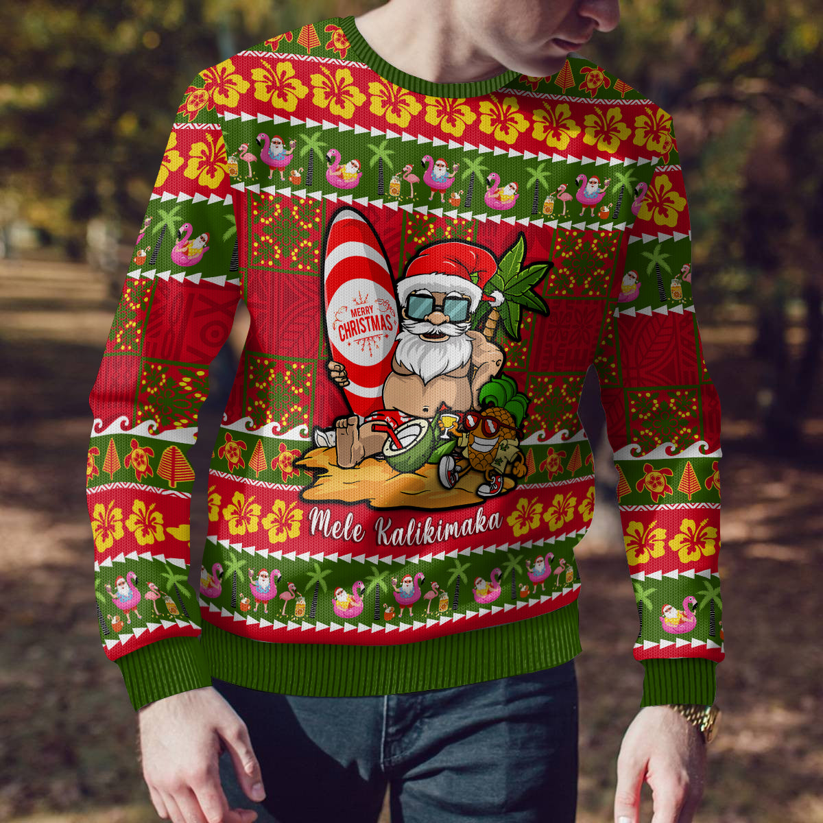 Personalised Hawaii Surfing Santa Christmas Ugly Christmas Sweater Tropical Pineapple Mele Kalikimaka Quilt Pattern - Wonder Print Shop