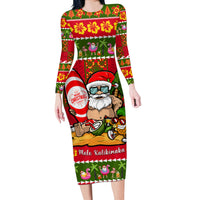 Personalised Hawaii Surfing Santa Christmas Long Sleeve Bodycon Dress Tropical Pineapple Mele Kalikimaka Quilt Pattern - Wonder Print Shop