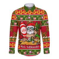 Personalised Hawaii Surfing Santa Christmas Long Sleeve Button Shirt Tropical Pineapple Mele Kalikimaka Quilt Pattern - Wonder Print Shop