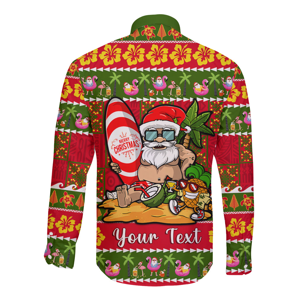 Personalised Hawaii Surfing Santa Christmas Long Sleeve Button Shirt Tropical Pineapple Mele Kalikimaka Quilt Pattern - Wonder Print Shop
