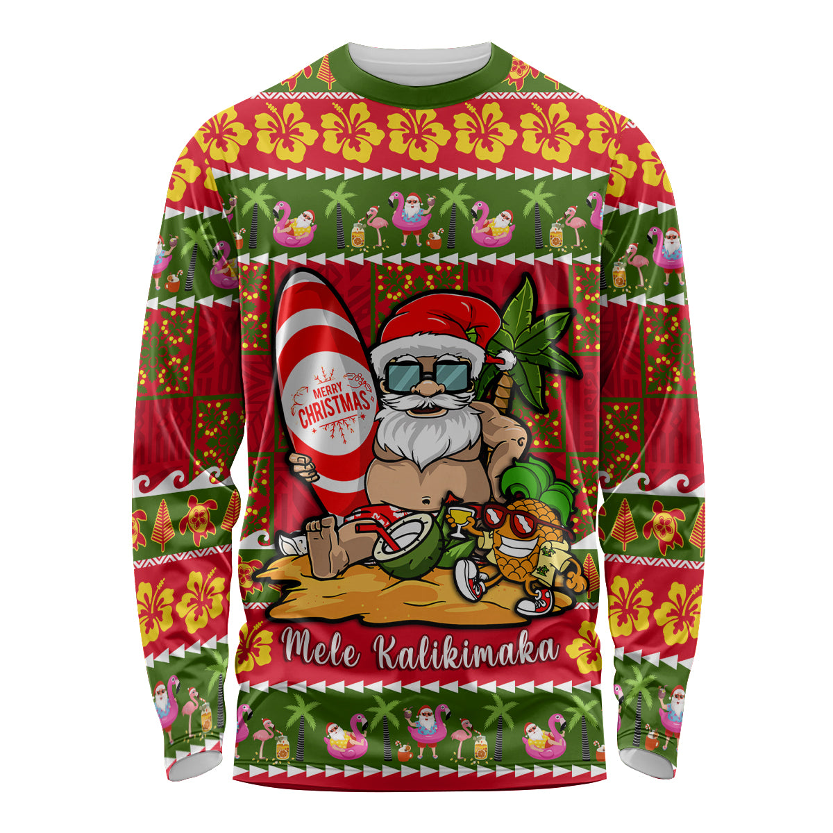 Personalised Hawaii Surfing Santa Christmas Long Sleeve Shirt Tropical Pineapple Mele Kalikimaka Quilt Pattern - Wonder Print Shop