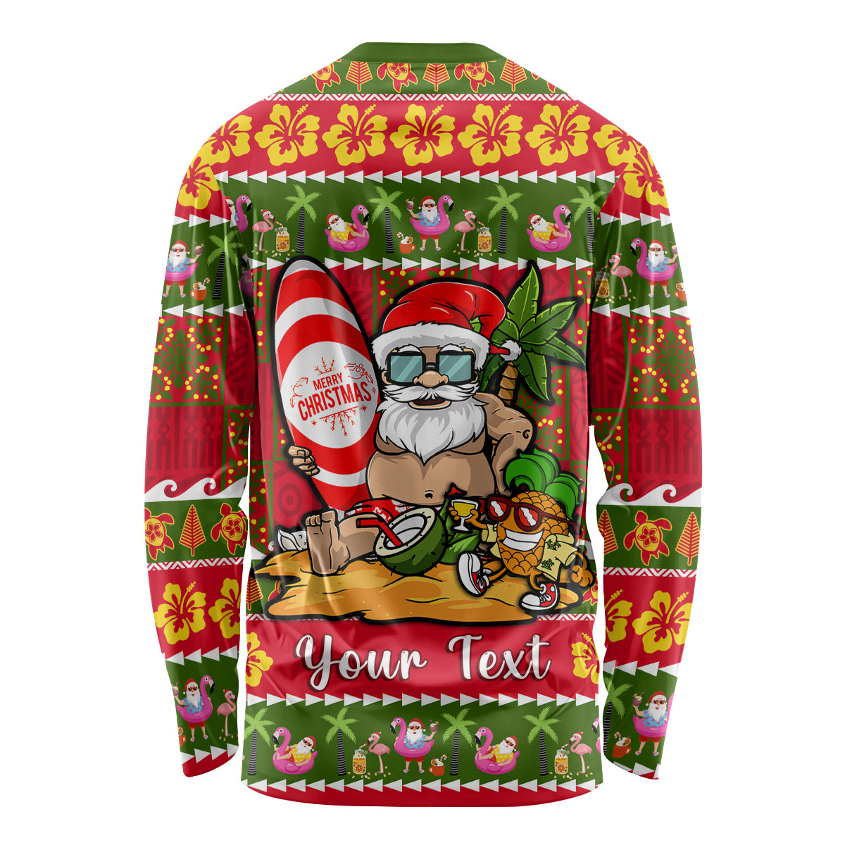 Personalised Hawaii Surfing Santa Christmas Long Sleeve Shirt Tropical Pineapple Mele Kalikimaka Quilt Pattern - Wonder Print Shop
