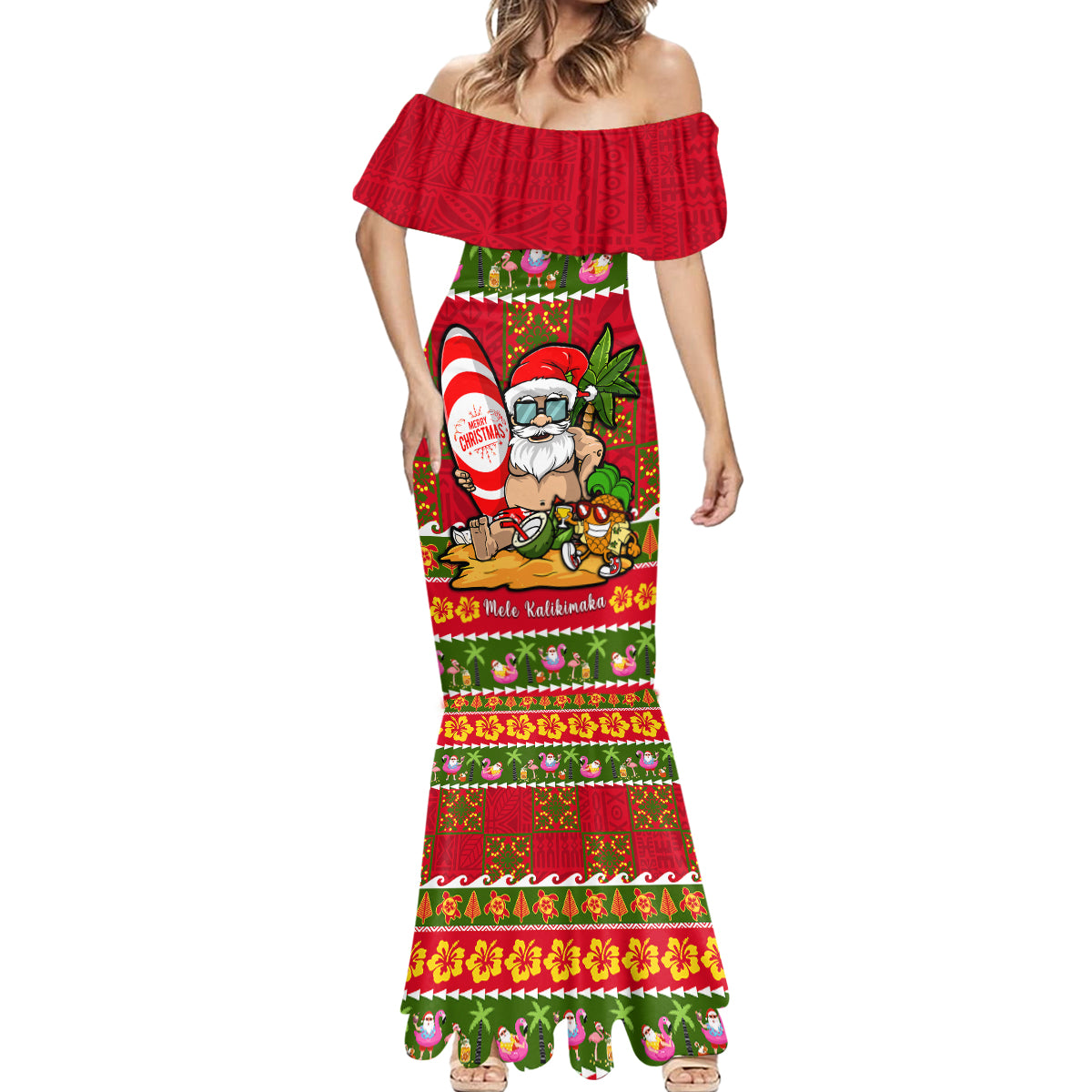 Personalised Hawaii Surfing Santa Christmas Mermaid Dress Tropical Pineapple Mele Kalikimaka Quilt Pattern - Wonder Print Shop