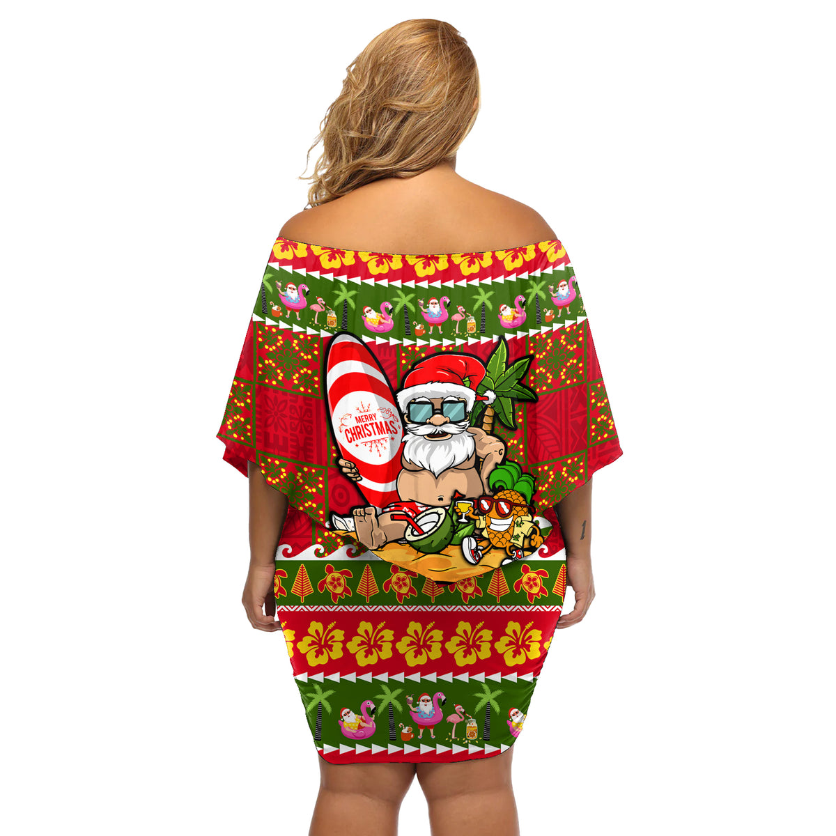 Personalised Hawaii Surfing Santa Christmas Off Shoulder Short Dress Tropical Pineapple Mele Kalikimaka Quilt Pattern - Wonder Print Shop